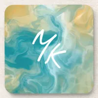 Monogrammed Sandy Brown Ocean Blue Fluid Art  Beverage Coaster