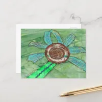 Mixed Media Flower on Green Postcard