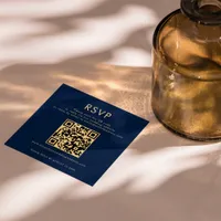 Classy Navy Blue Gold QR Code Wedding RSVP  Enclosure Card