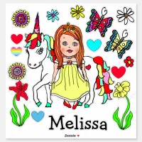 Large Hand Drawn Princess and Unicorn and Name Sticker