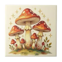 Cottage Core Vintage Mushrooms Art Ceramic Tile