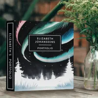 Watercolor Northern Lights Black & White Portfolio 3 Ring Binder