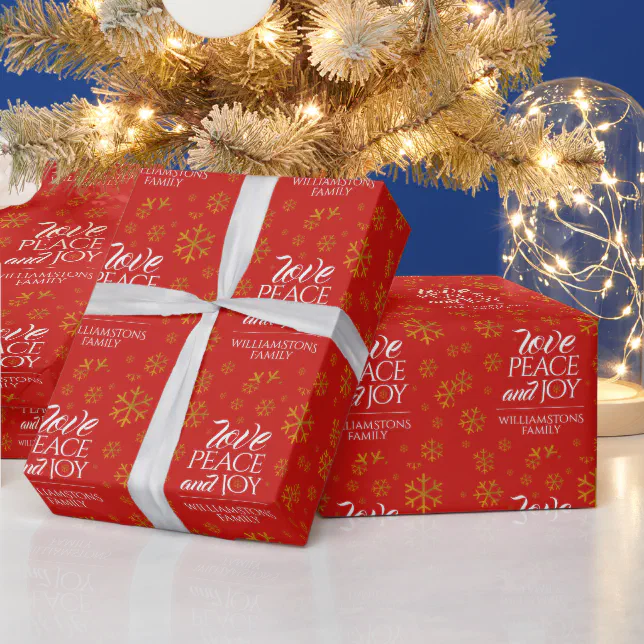 Festive Red Love, Peace, and Joy with Snowflakes Wrapping Paper