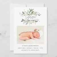 Watercolor Greenery Birth Announcement Photo Card