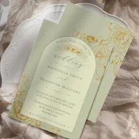 Boho Arch Sage Green Floral Wedding Invitation