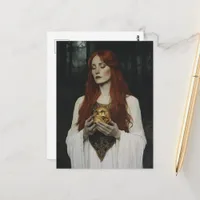 Gorgeous Red haired Goddess With a Golden Skull Postcard
