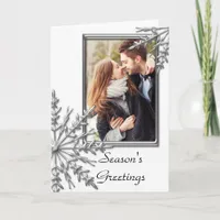 Silver Tone Snowflakes on White Season's Greetings Holiday Card