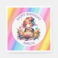 Cute Rainbow Anime Girl Birthday Cake Personalized Napkins