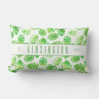 Tropical Green Watercolor Leaves with Family Name Lumbar Pillow