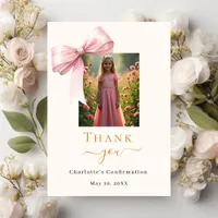 Confirmation pink bow photo cream thank you card