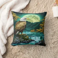 Eagle Perched Near Waterfall Under Full Moon Throw Pillow