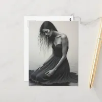 A Sad Woman Kneels in the Water Black and White Postcard