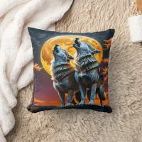 Wolves Howling Under a Glowing Full Moon Throw Pillow