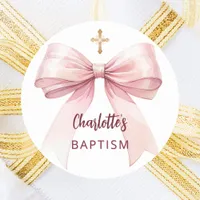 Baptism pink bow girl cross classic round sticker