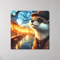 Otter in the Starry Night City Canvas Print