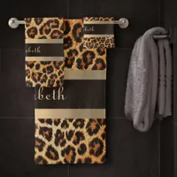 Stylish Leopard Pattern Brown and Gold Stripe Name Bath Towel Set