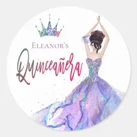 Quinceanera Sparkly Crown Glam Dancer Lilac Classic Round Sticker