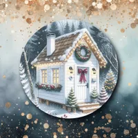 Cute Festive White Tiny Home Christmas Classic Round Sticker