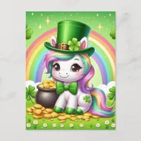 Adorable St. Patricks Day Unicorn Rainbow Gold Postcard