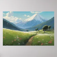 Anime painting winding path meadow below mountain poster