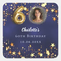 60th birthday navy blue gold stars photo square sticker