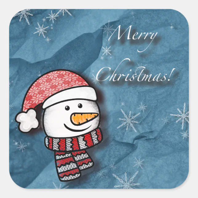 Merry Christmas, snowman with knitted clothes Square Sticker