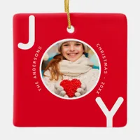 Christmas red white photo joy modern ceramic ornament