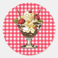 Ice Cream Sundae with Cherries Red Checkered Classic Round Sticker