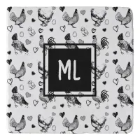 Monogrammed Black and White Cartoon Chickens Trivet