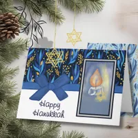 Happy Hanukkah Rich Blue & Gold Foliage & Candle Holiday Card