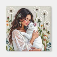 Woman and White Cat and Dandelions  Magnet