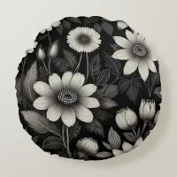 Doodle Black & White flowers graphic illustration  Round Pillow