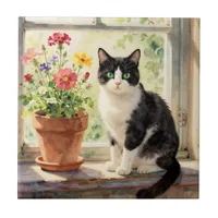 Watercolor Cat and Flowers on Window Sill Ceramic Tile