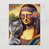 Mona Lisa Hippie Smoking Grey Cat Postcard