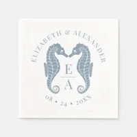 Seahorses Monogram Beach Wedding Dusty Blue Napkins