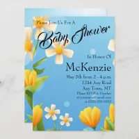 White and Yellow Flowers On Blue Baby Shower Invitation