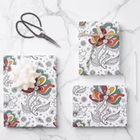 Floral Abstract Doodle Art Style Green Red Yellow  Wrapping Paper Sheets