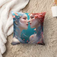 Elegant Mermaids Embracing Underwater Blossoms Throw Pillow