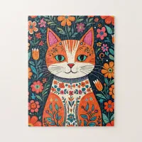 Whimsical Folk Art Cat and Flowers Jigsaw Puzzle