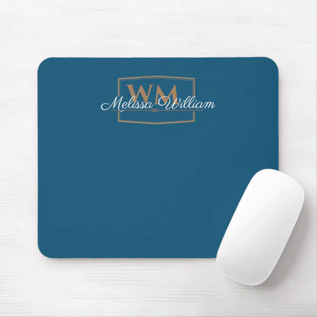 Blue White Gold Monogram Name Script Mouse Pad