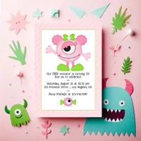 Cute Pink Monster Birthday Party Photo Invitation