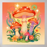 Cottage Core Mushrooms and Flowers Poster