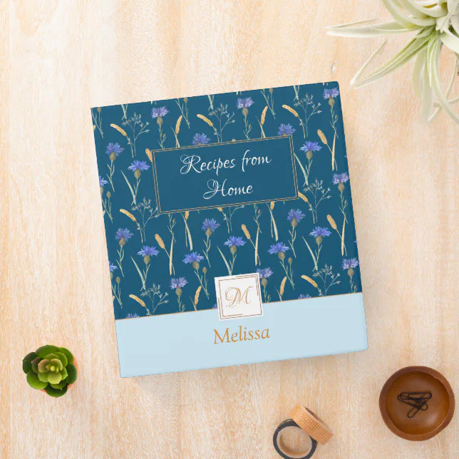 Blue Floral Wildflower Monogram Recipe 3 Ring Binder