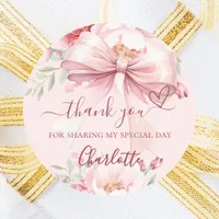 Blush pink bow florals heart thank you classic round sticker