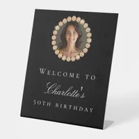 Black gold diamonds photo birthday party welcome pedestal sign