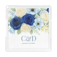 Navy Royal Bue Wedding Watercolor Ivory Flowers Acrylic Tray