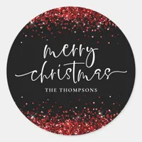 Glam Red Glitter Merry Christmas Black Classic Round Sticker