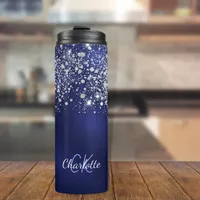 Navy blue glitter monogram name script thermal tumbler