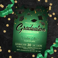 Green Confetti and Caps Graduation Celebration  Invitation