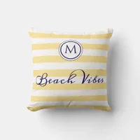 Beach Vibes Monogram Striped Yellow White Chic Throw Pillow